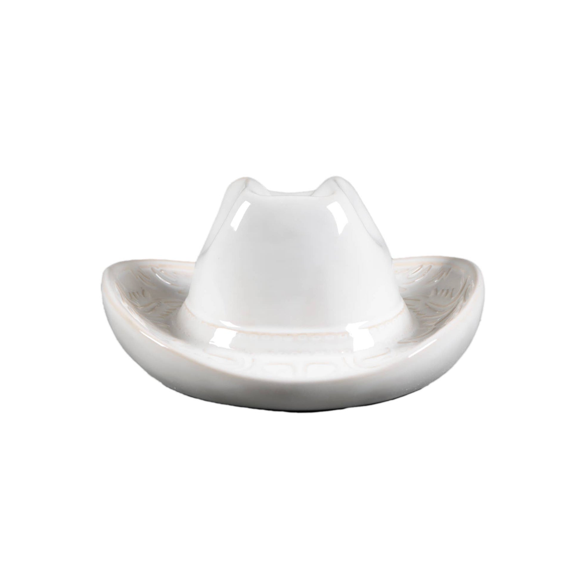 White ceramic cowboy hat shaped vase on a white background