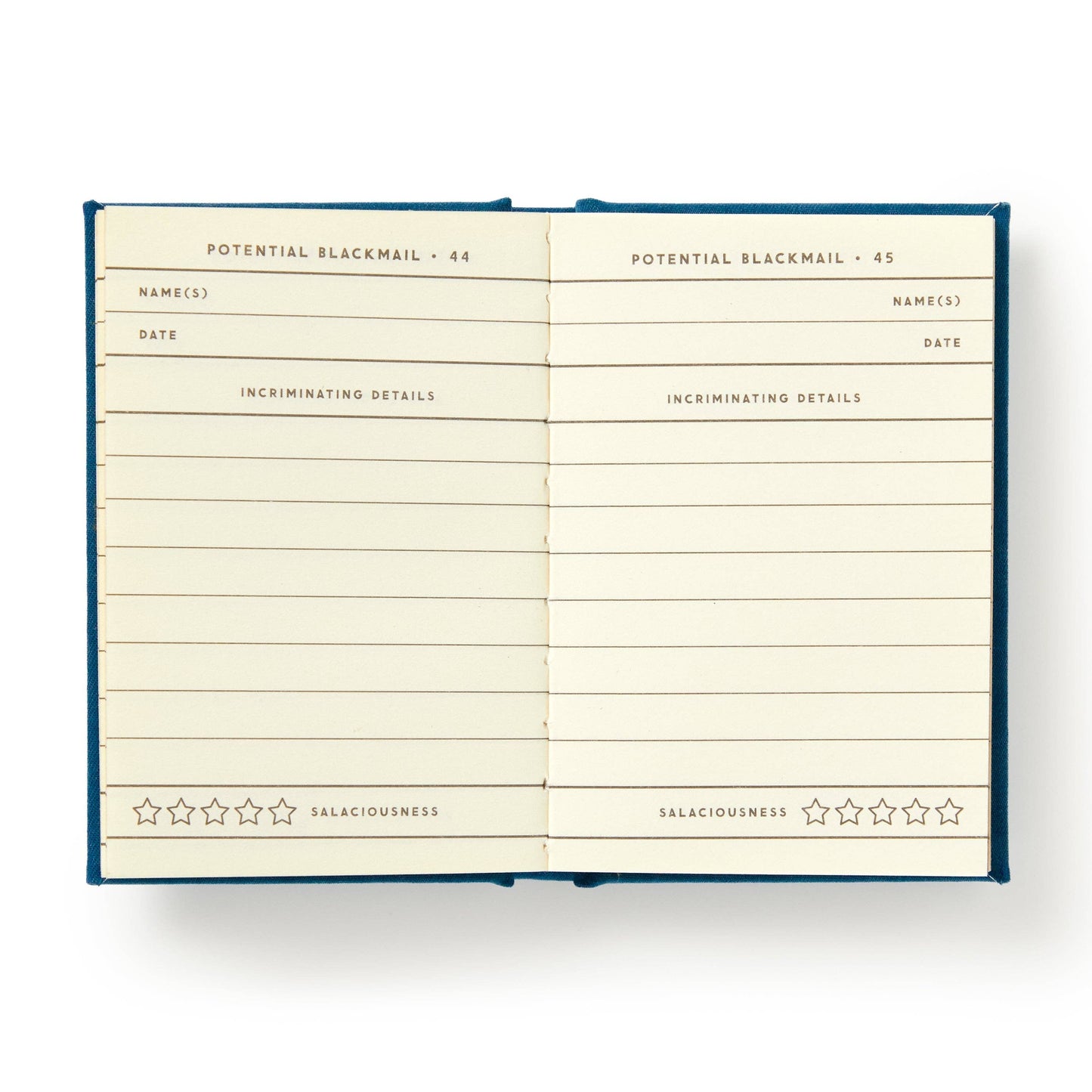 Open notebook with lined pages titled 'Potential Blackmail' on a white background