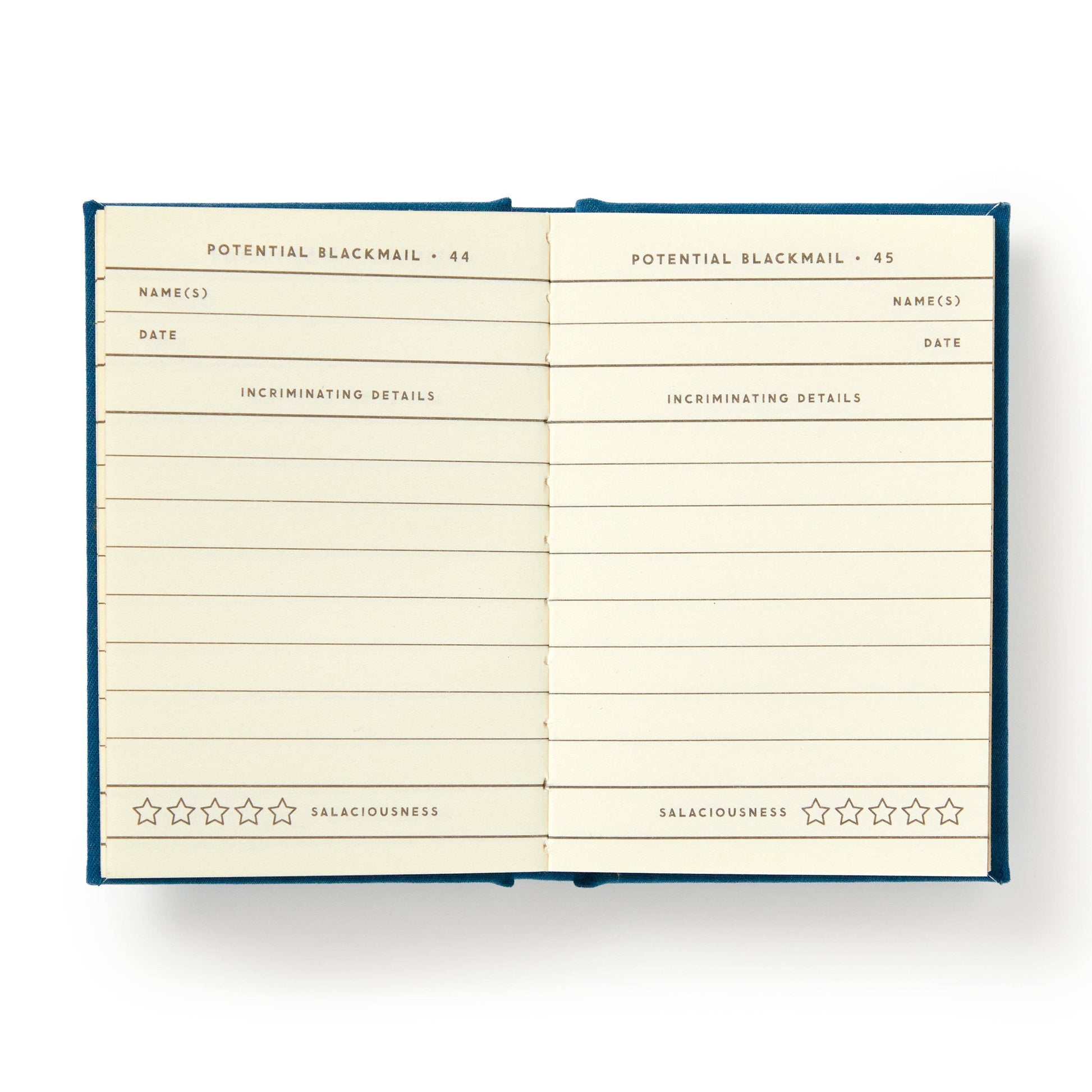 Open notebook with lined pages titled 'Potential Blackmail' on a white background