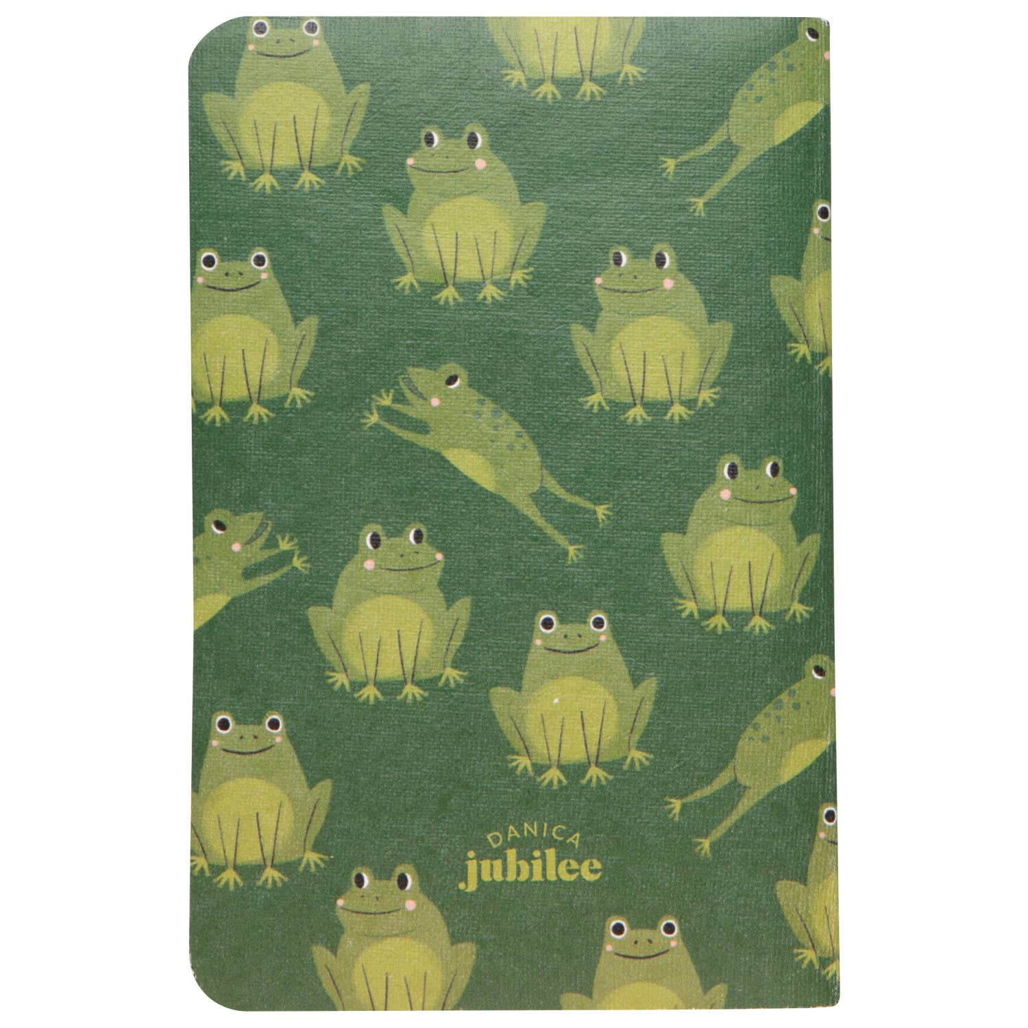 Notebook with green frog pattern on a green background, featuring the brand 'Danica Jubilee'.
