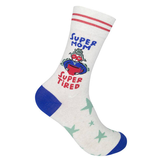 Sock with 'Super Mom, Super Tired' text and graphics on a white background