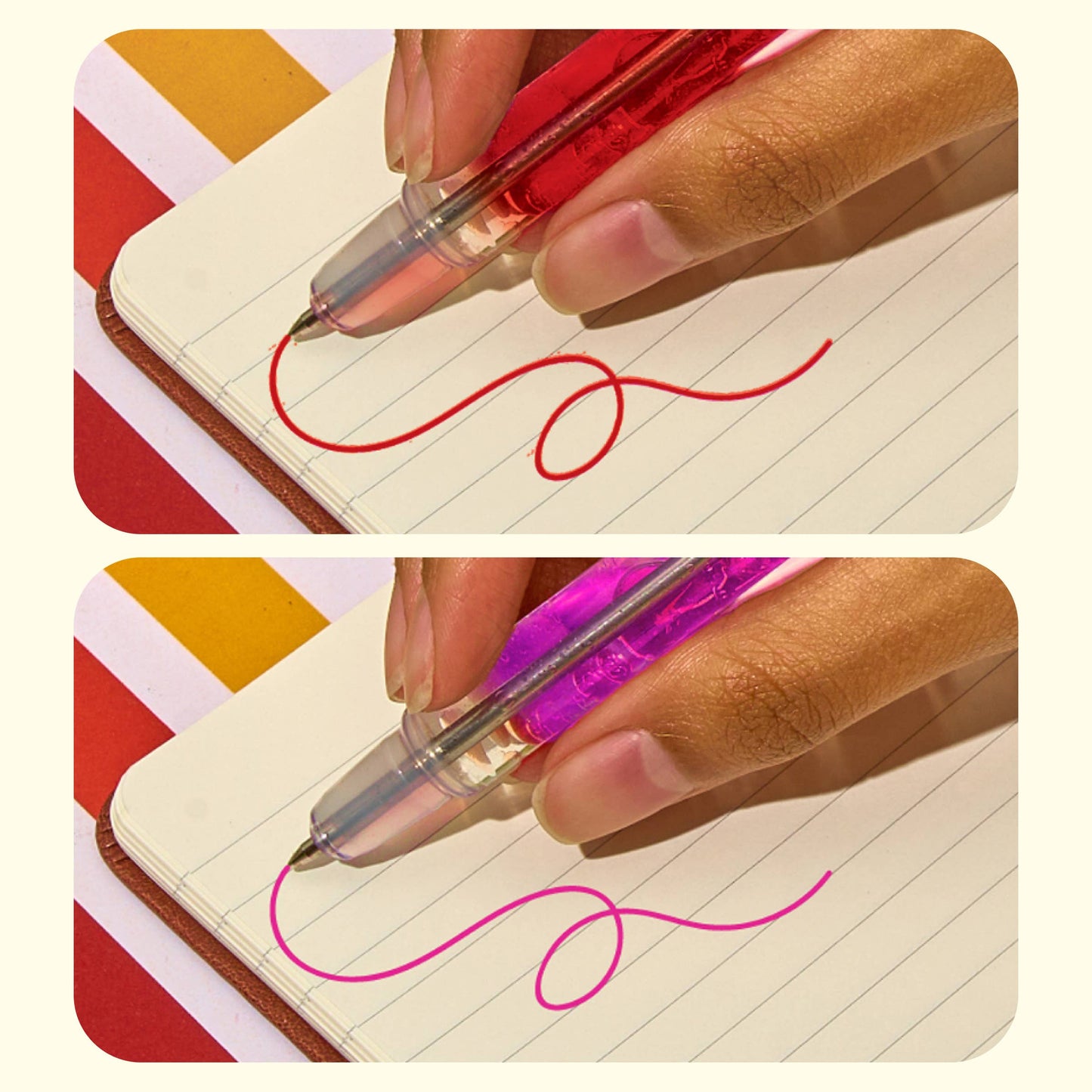 Two images showing a hand writing on lined paper with red and pink lava pens.