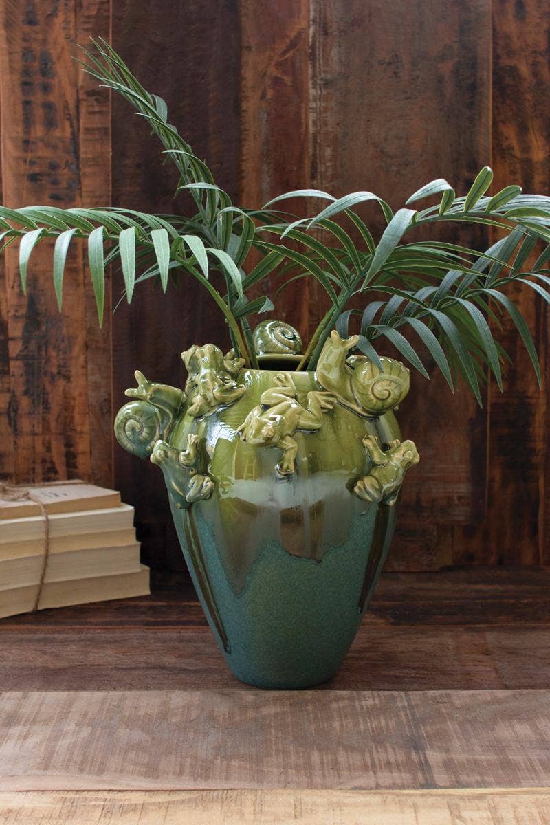 Large Ceramic Frogs and Snails Vase