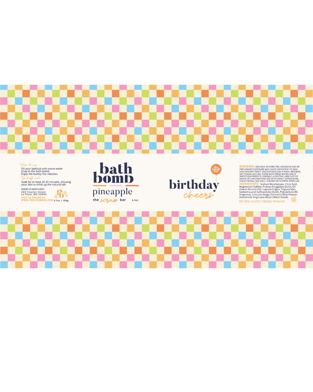 Bath bomb packaging with colorful checkered pattern and text on a white background
