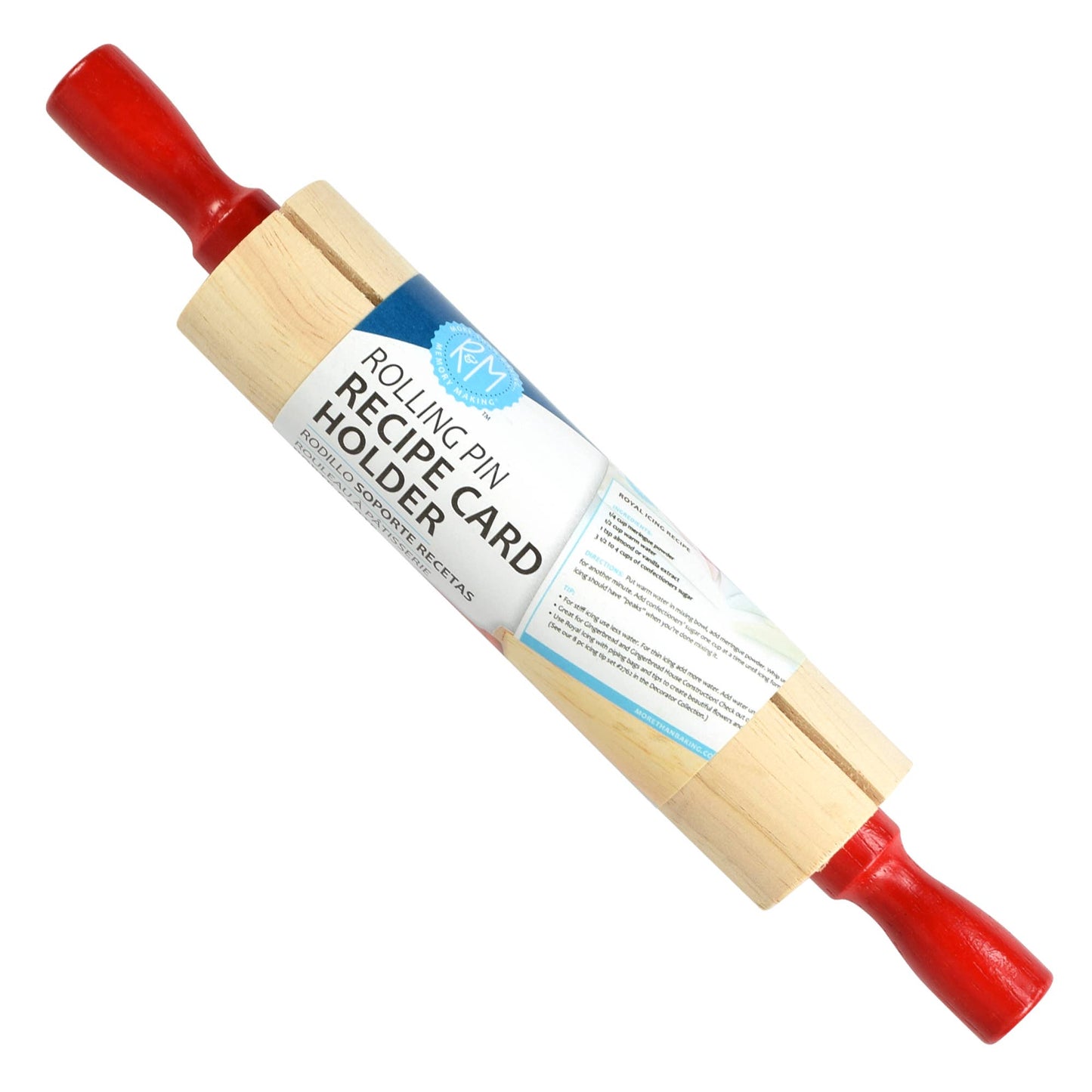 Wooden rolling pin with red handles and a label on a white background