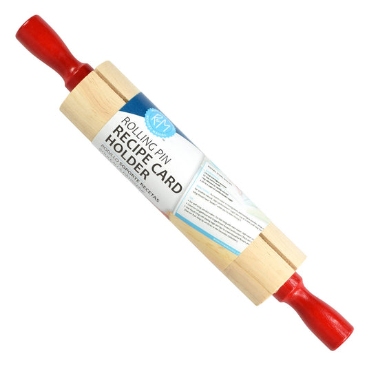 Wooden rolling pin with red handles and a label on a white background
