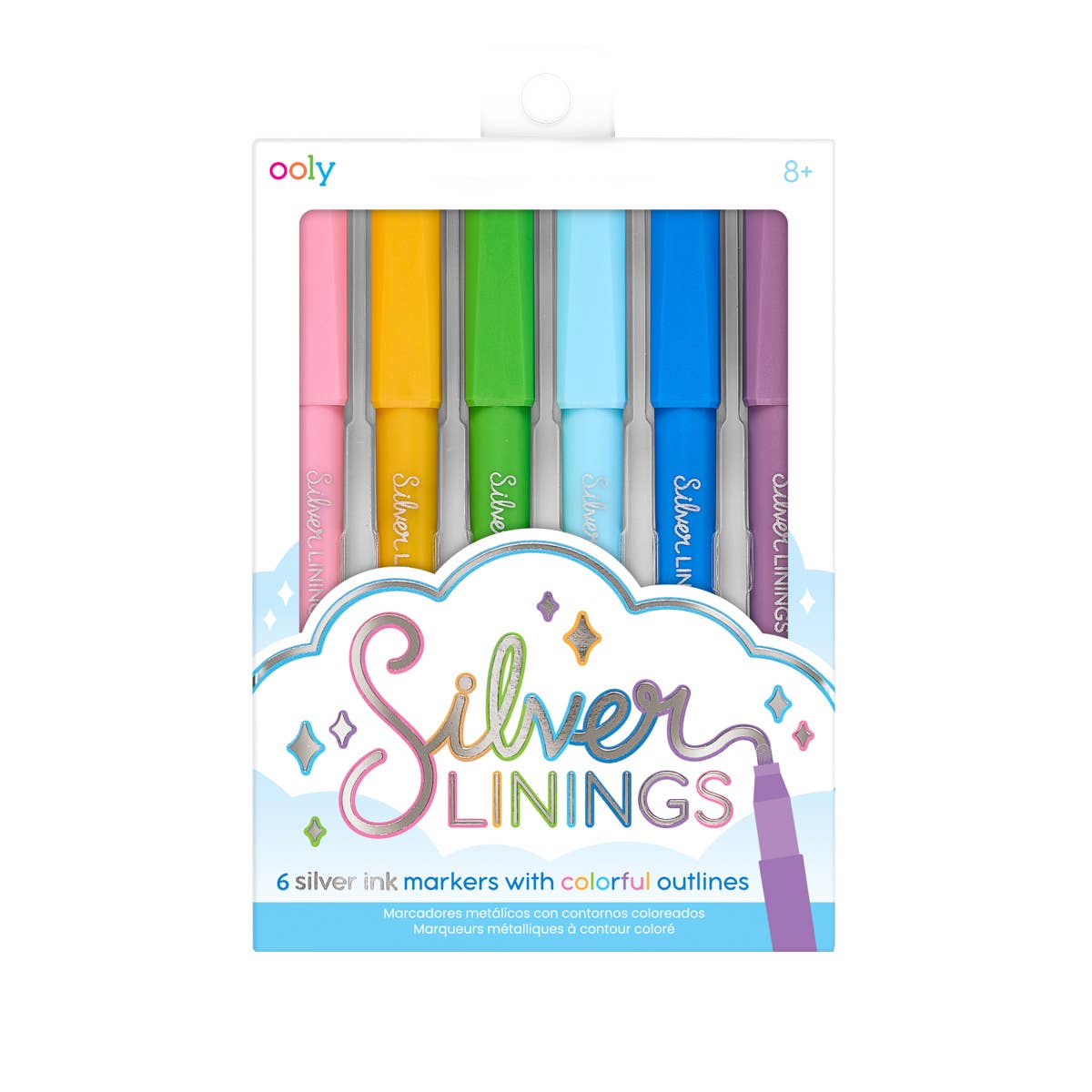 Packaging of Silver Linings markers with colorful outlines on a white background