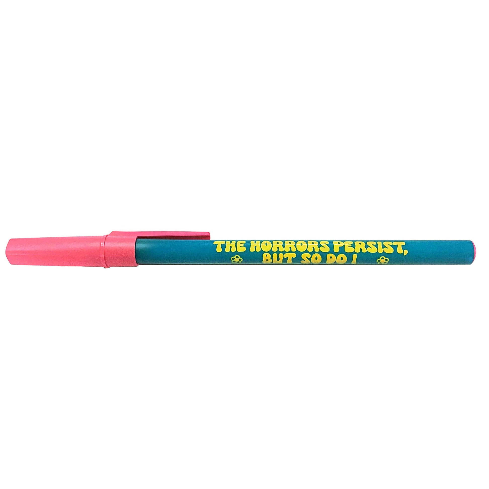 Pen with pink cap and blue body displaying text on a white background