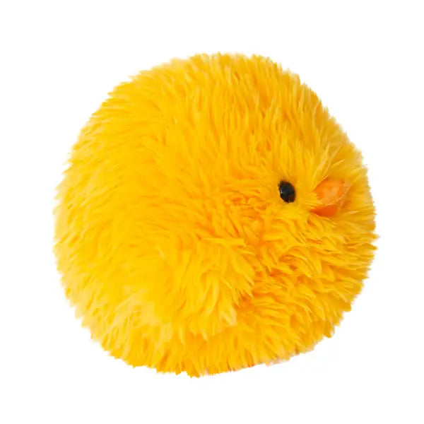 Yellow fluffy chick toy on a white background