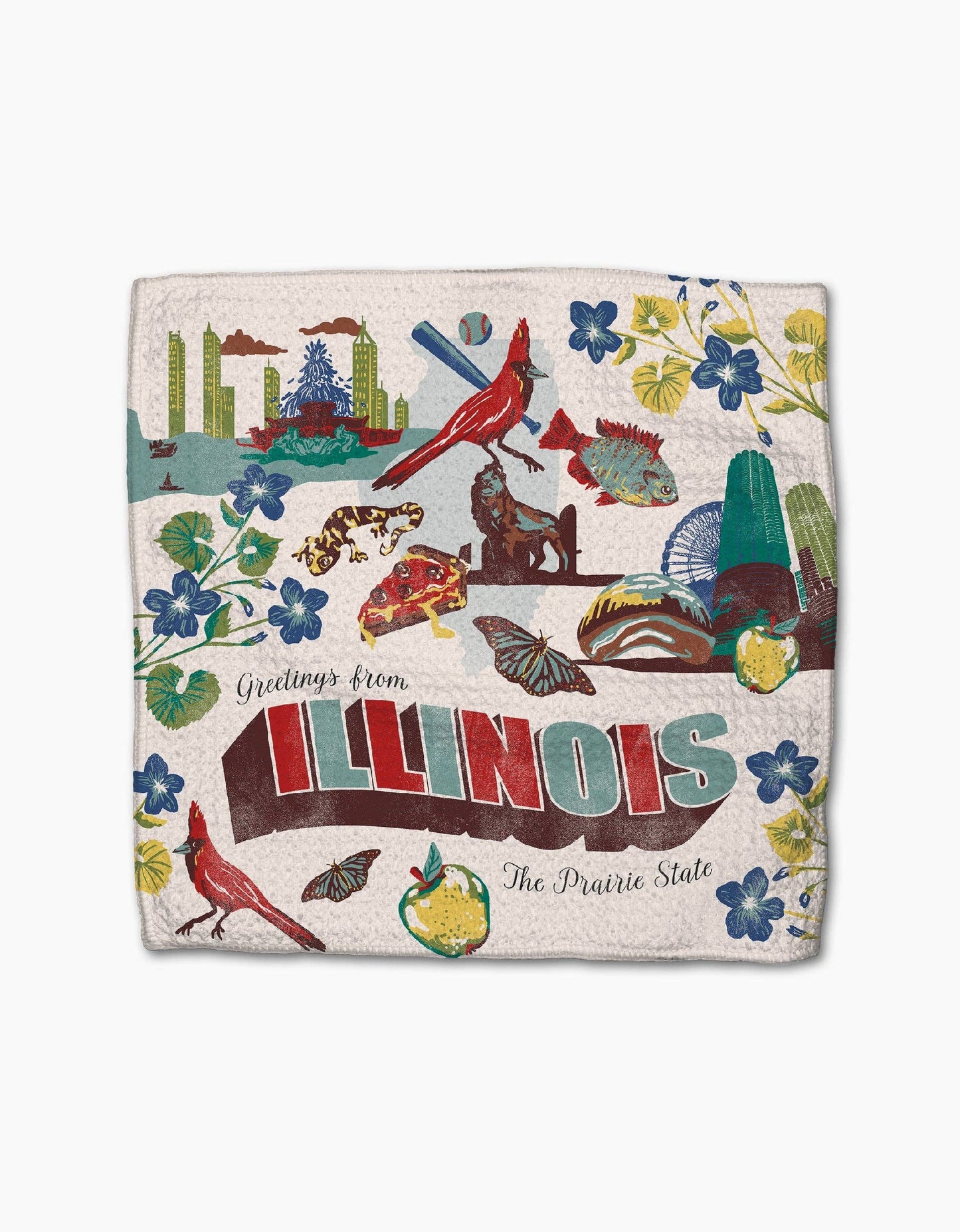 Decorative towel with Illinois-themed illustrations on a white background