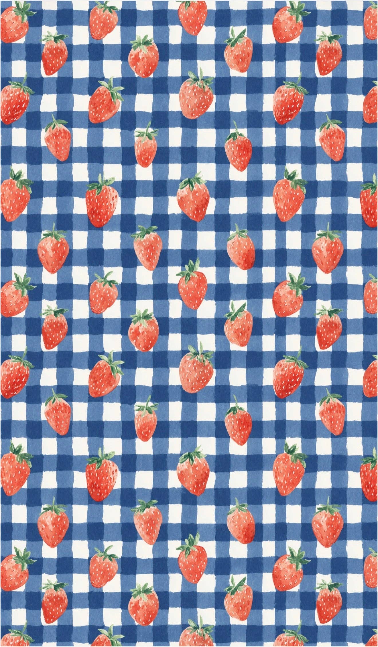 Pattern of strawberries on a blue and white checkered background