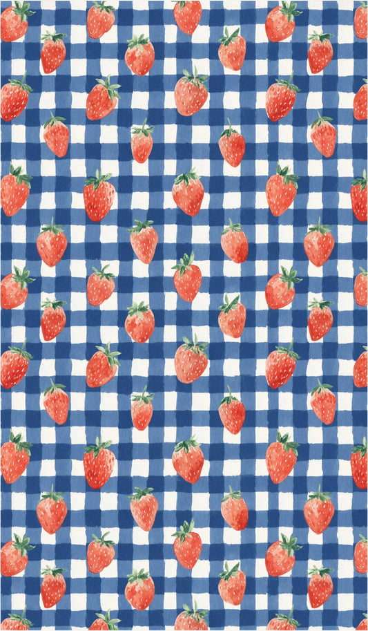 Pattern of strawberries on a blue and white checkered background