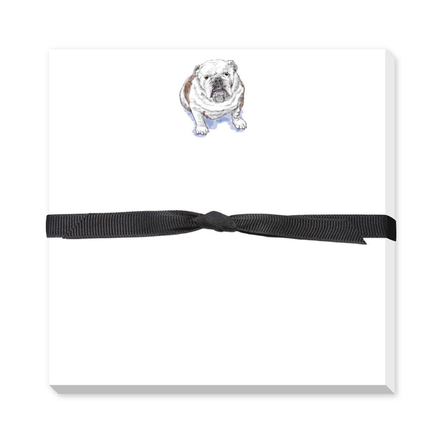 White card with a bulldog illustration and black ribbon on a white background