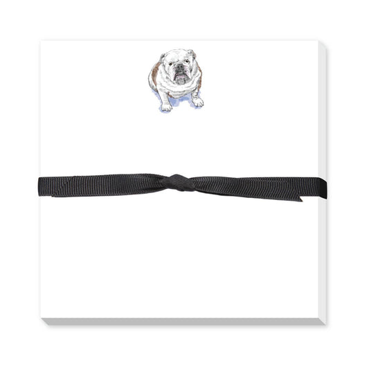White card with a bulldog illustration and black ribbon on a white background