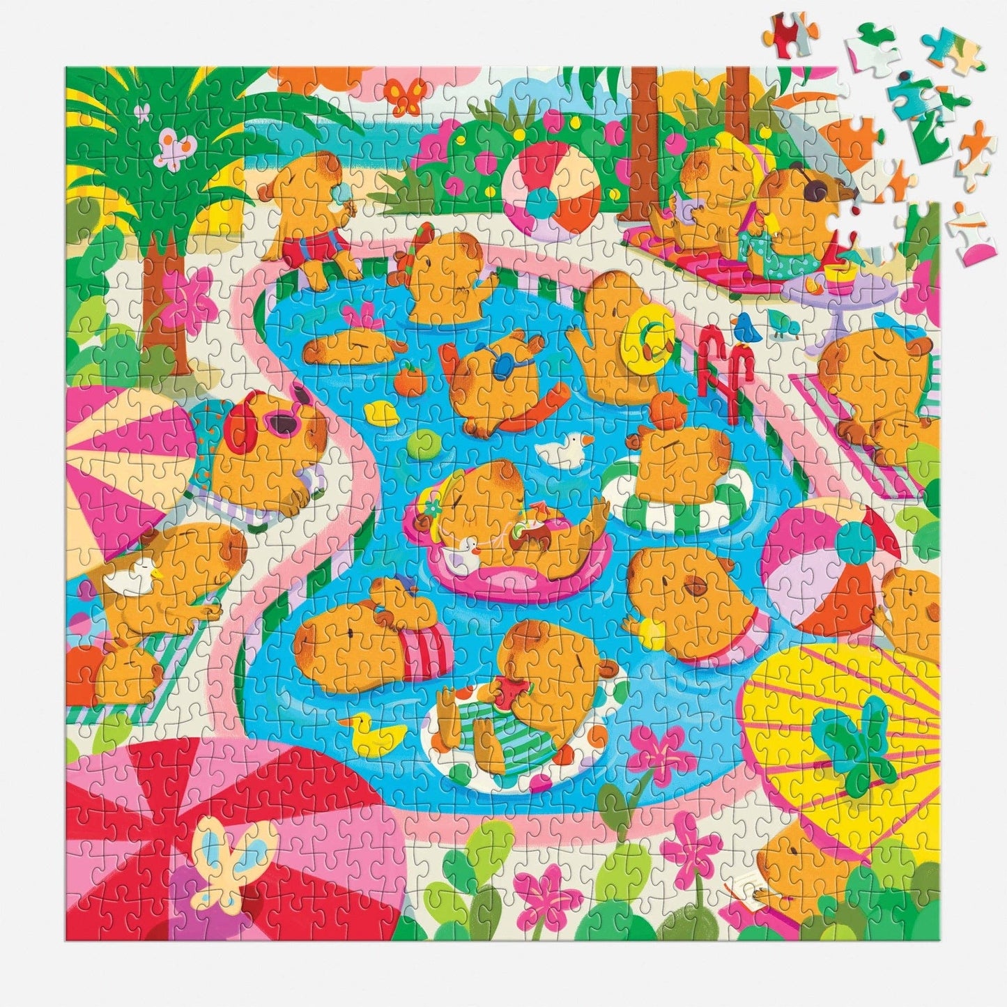 Colorful children's puzzle with cartoon capybara at a pool party.