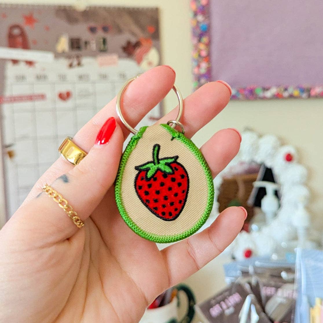 Embroidred Patch Keychain-Strawberry