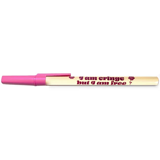 Pink marker with text on a white background