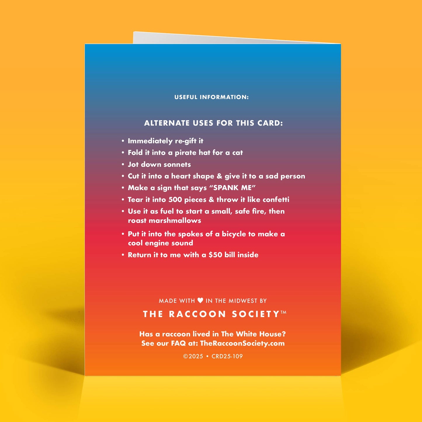 Colorful card back with humorous "Alternate uses" on a yellow background