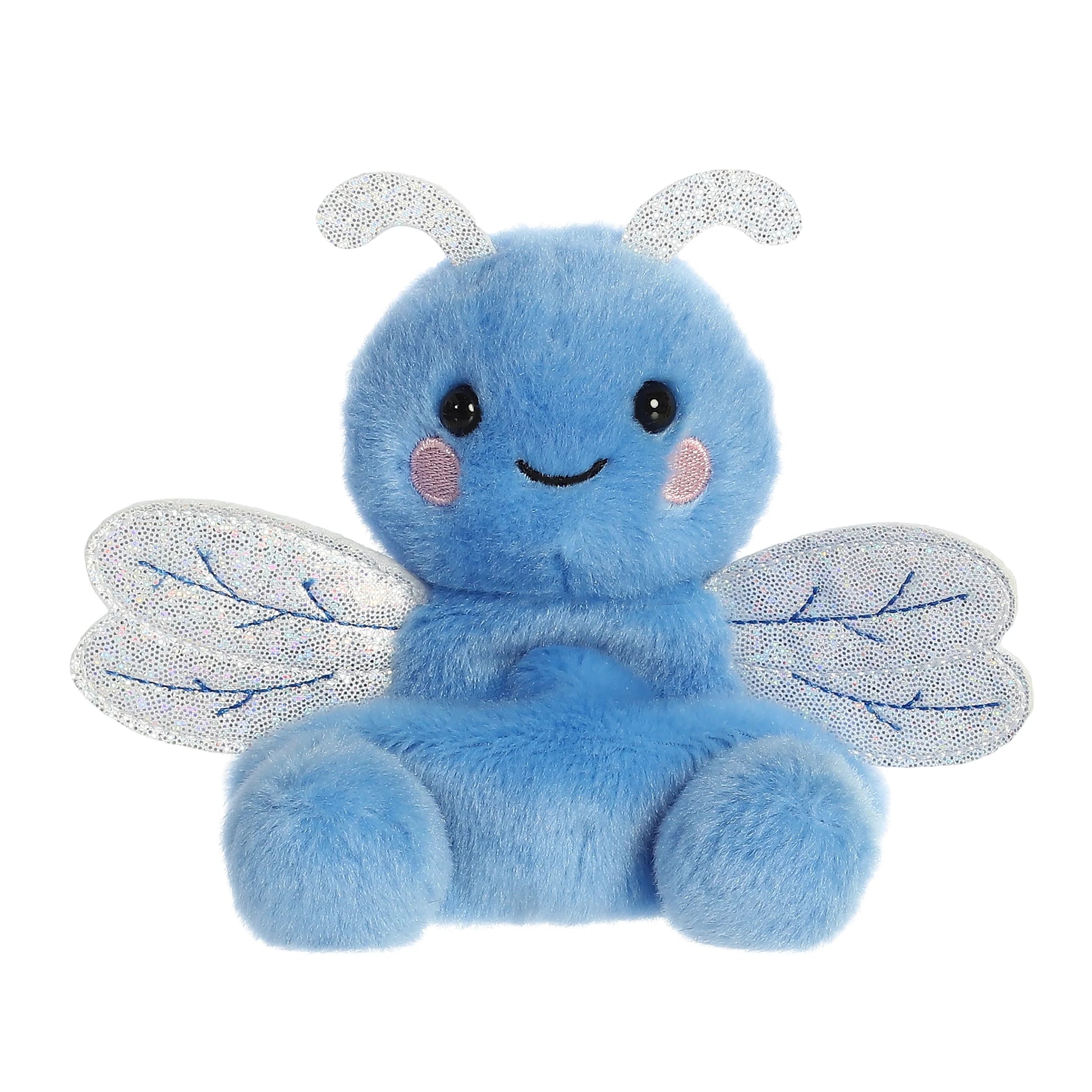 Blue plush toy with silver wings on a white background