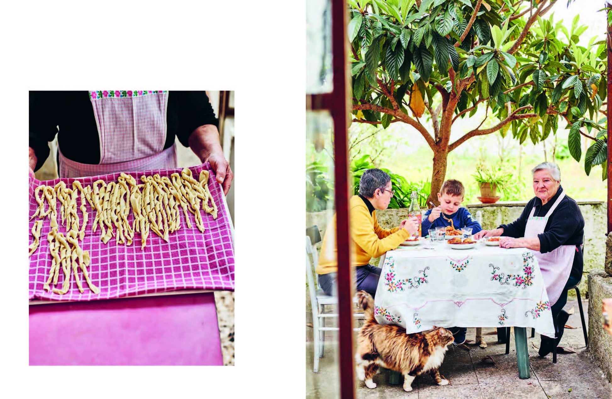 Two images: one of a person holding pasta and another of a family at an outdoor table with a cat.