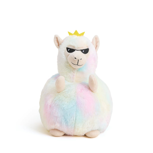 Stuffed toy llama with rainbow fur and a yellow crown on a white background