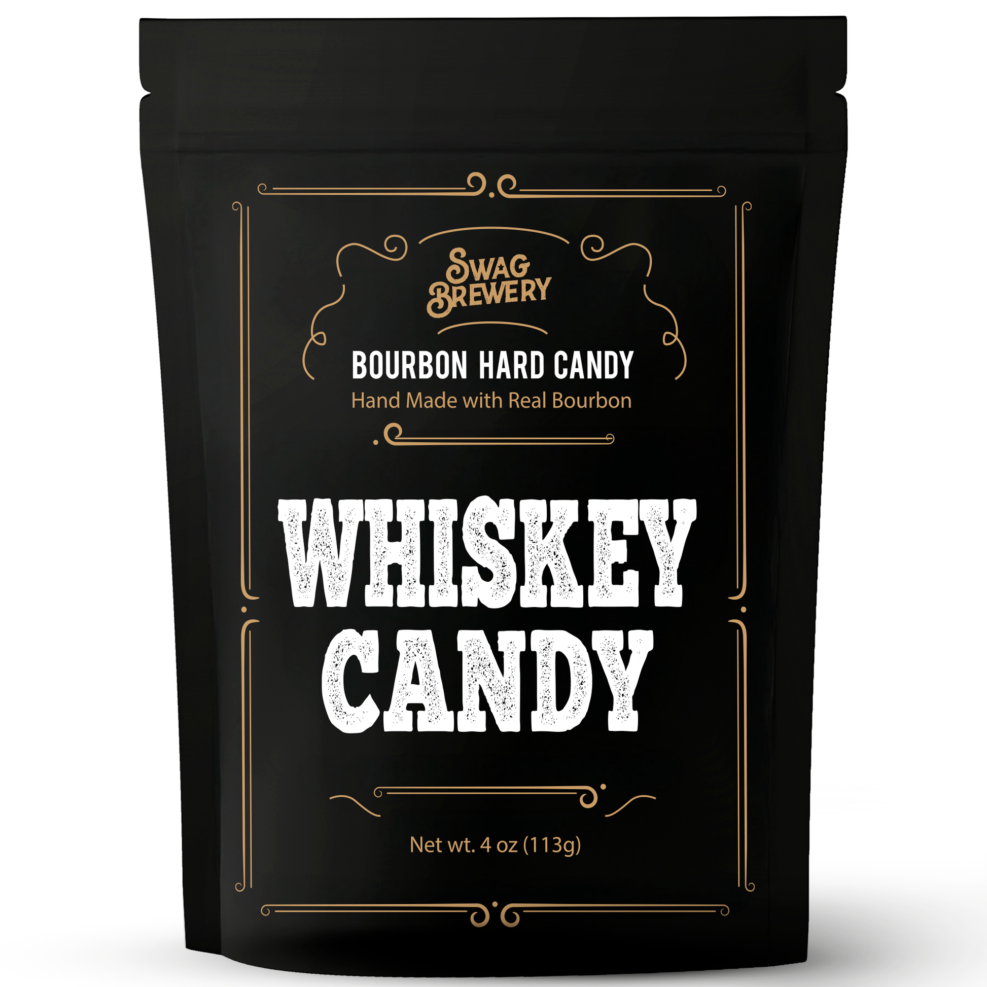 Black packaging of Swag Brewery Whiskey Candy with gold and white text.