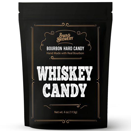 Black packaging of Swag Brewery Whiskey Candy with gold and white text.