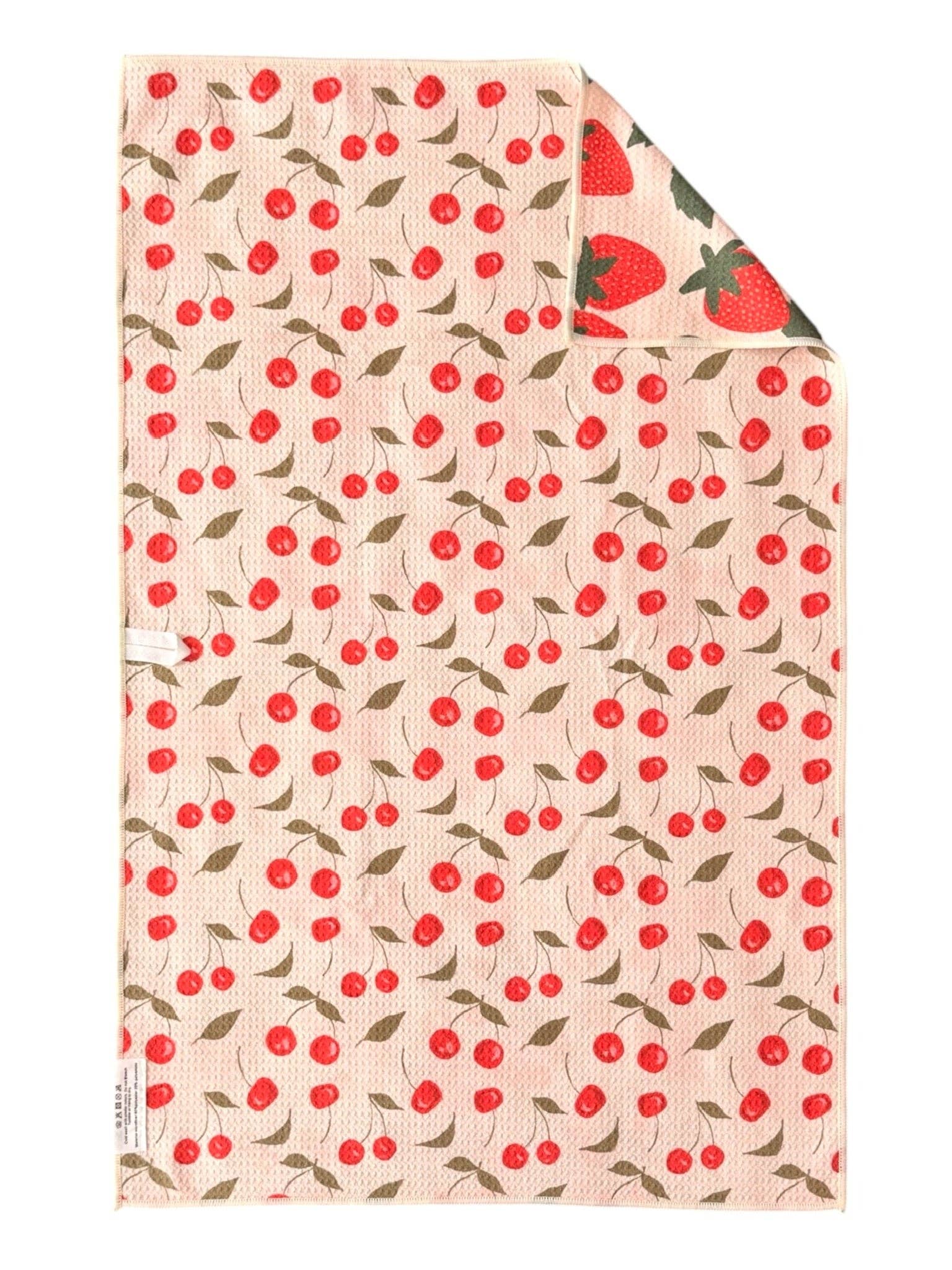 Fabric with strawberry pattern on a white background