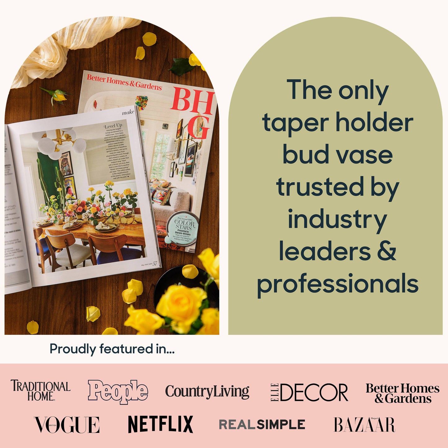 Taper holder bud vase with magazines and yellow flowers on a wooden surface, featuring various media outlets.