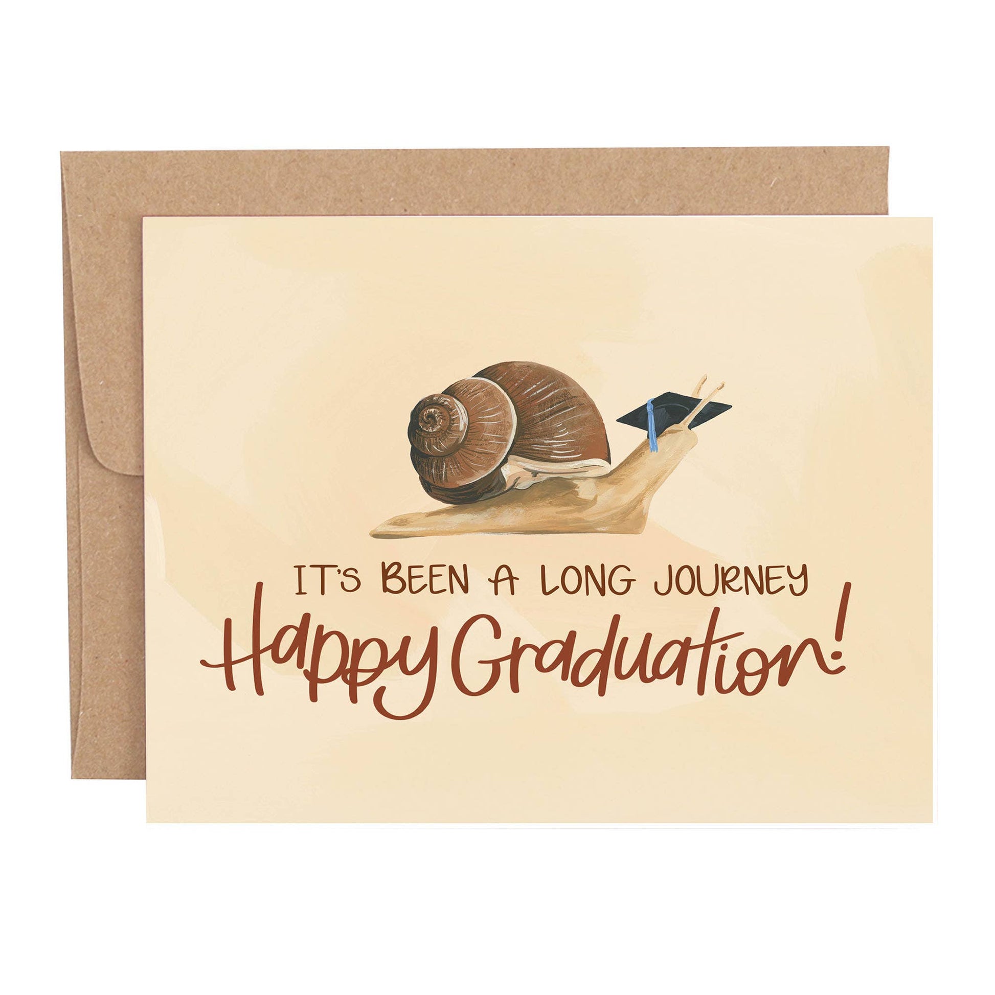Graduation card with a snail and text 'It's been a long journey, Happy Graduation!' on a beige background.