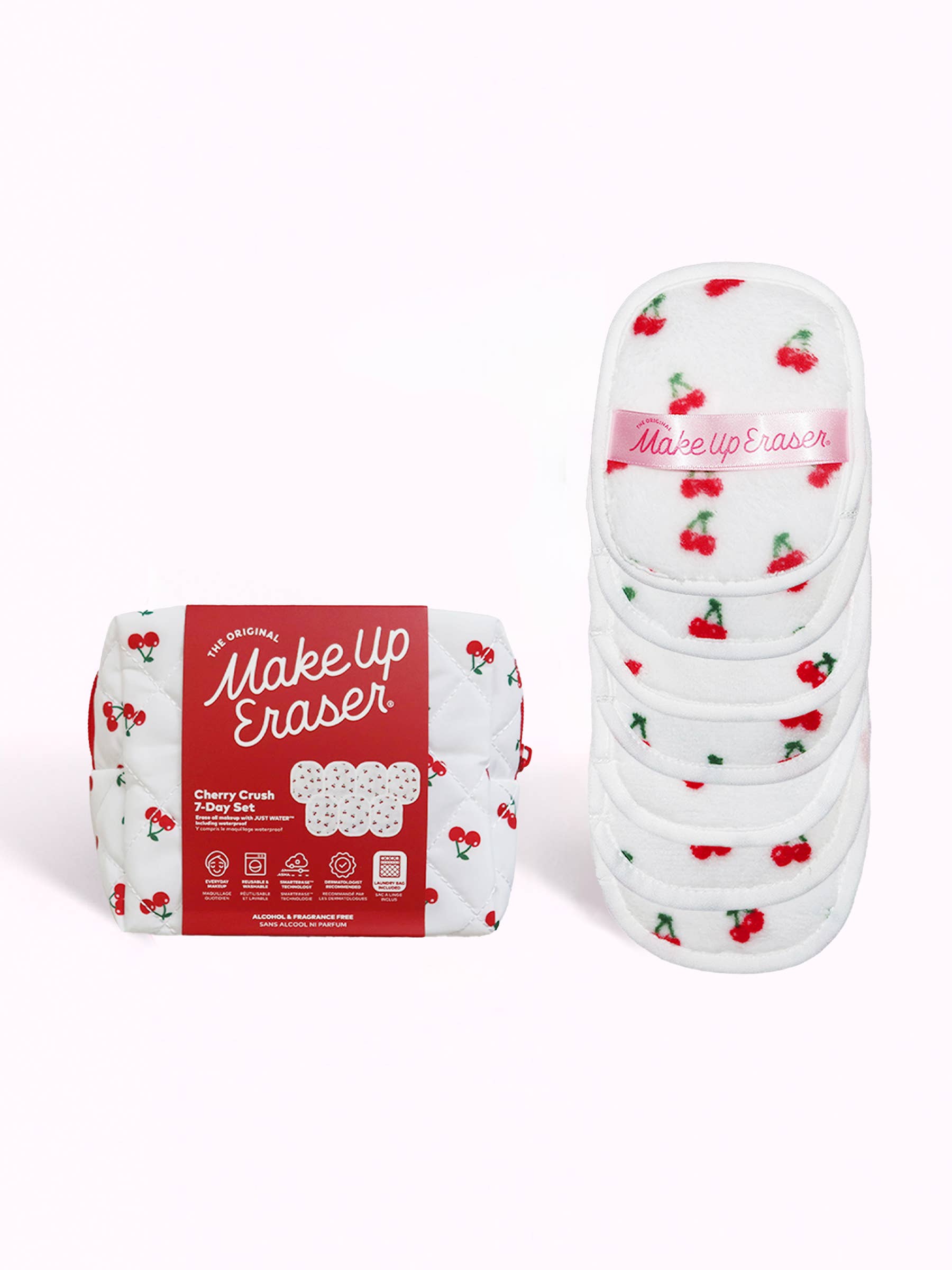 Makeup Eraser with cherry pattern packaging on a white background