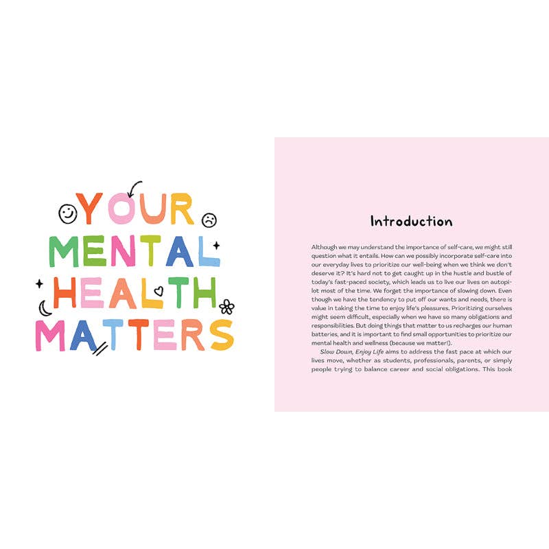Book page with colorful text 'Your Mental Health Matters' on a pink background