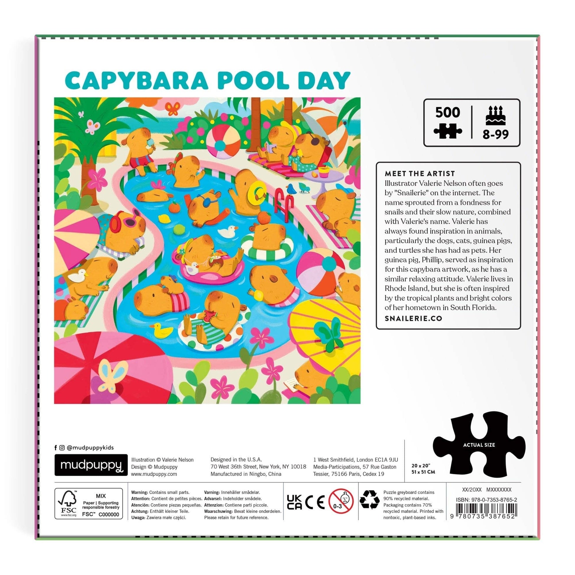 Capybara-themed puzzle packaging with colorful illustration of capybaras by a pool.
