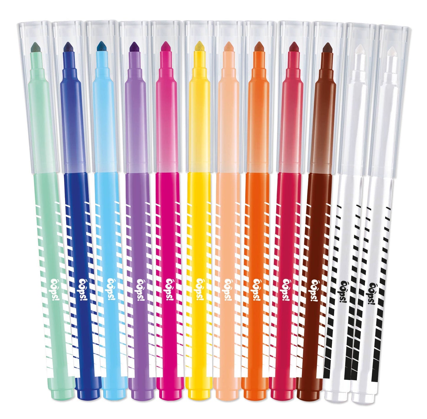 Set of colorful markers in a clear holder on a white background