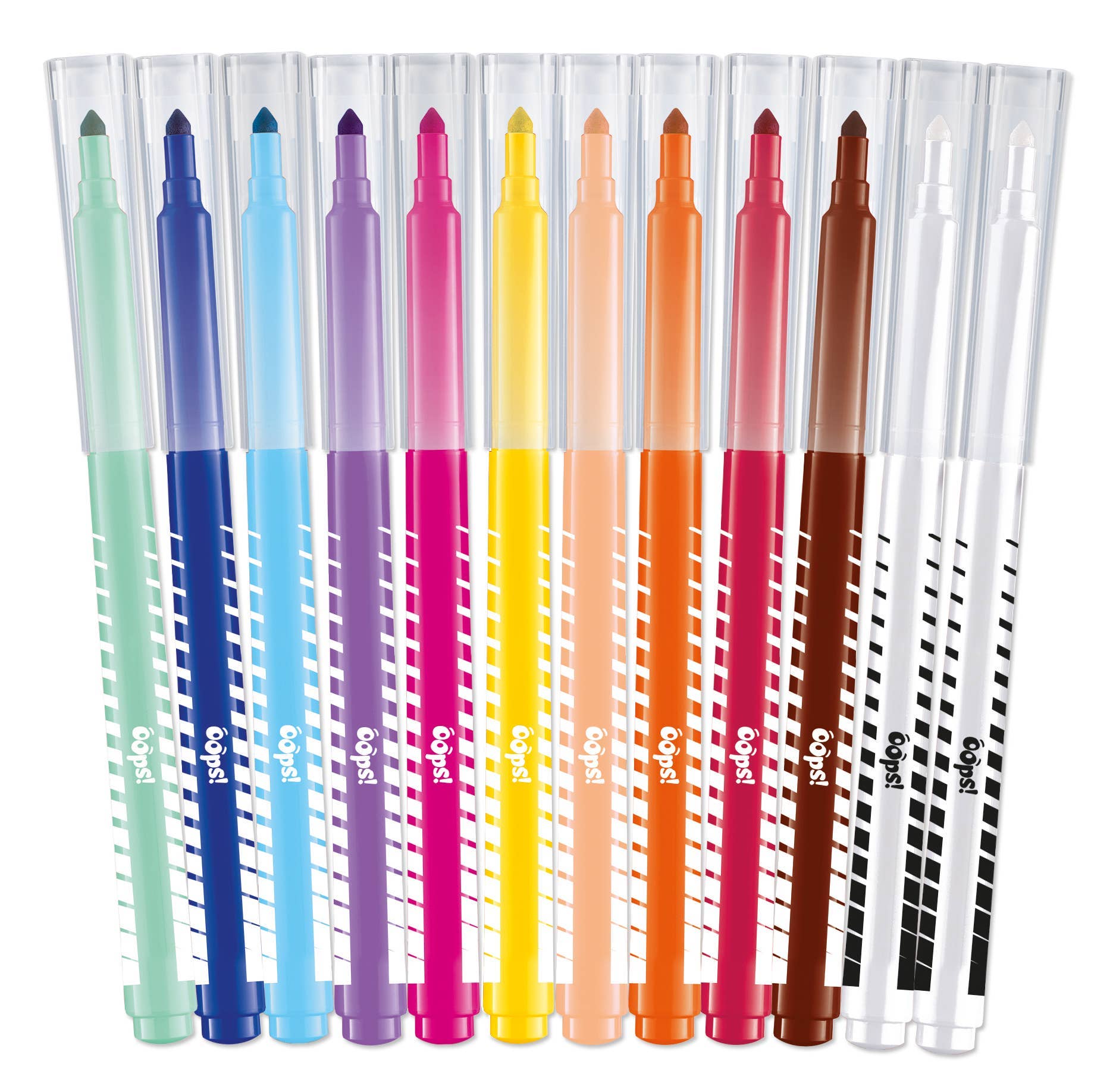 Set of colorful markers in a clear holder on a white background