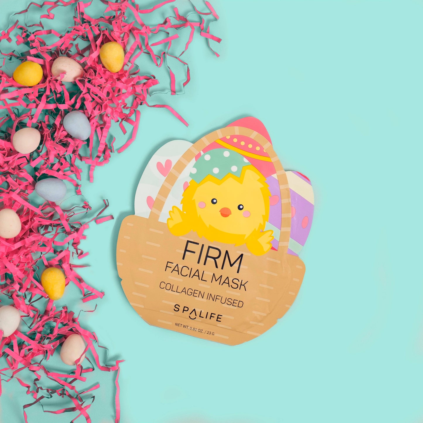 Facial mask packaging with Easter theme on a light blue background