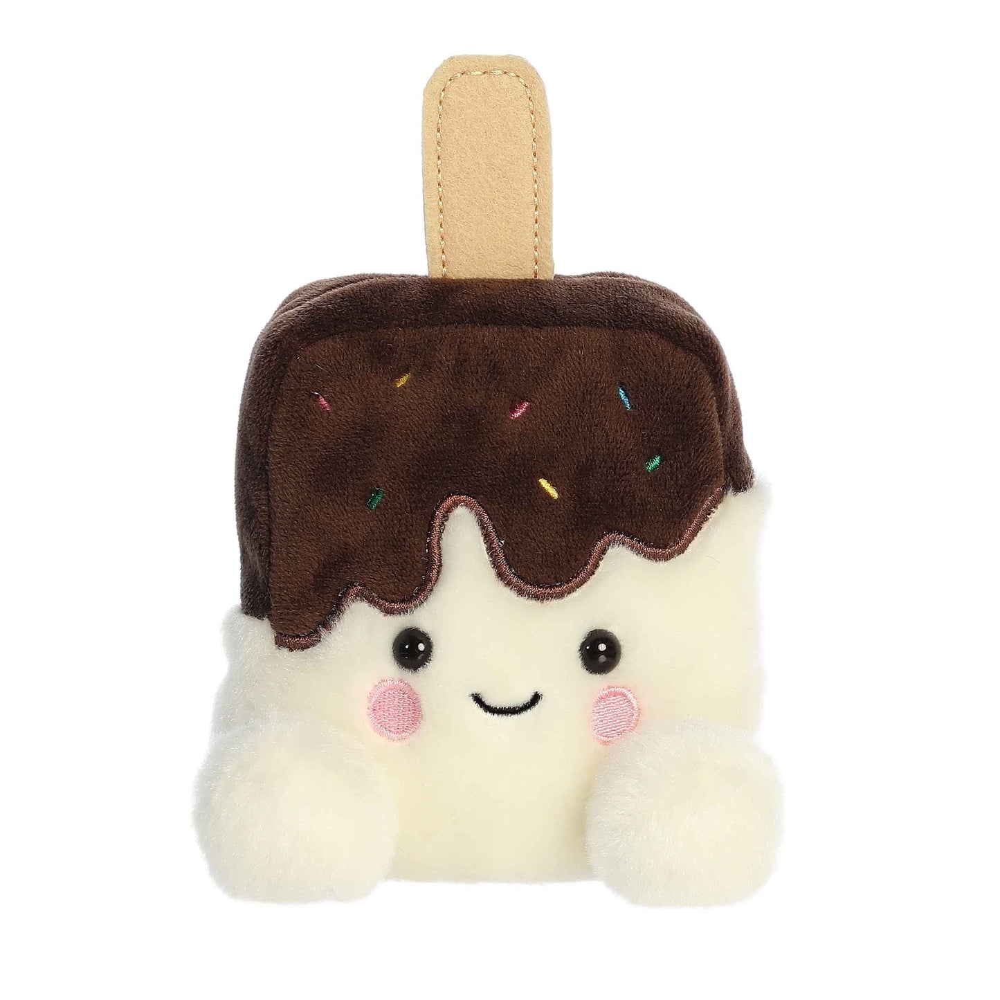 Plush toy shaped like a ice cream bar with a smiling face on a white background