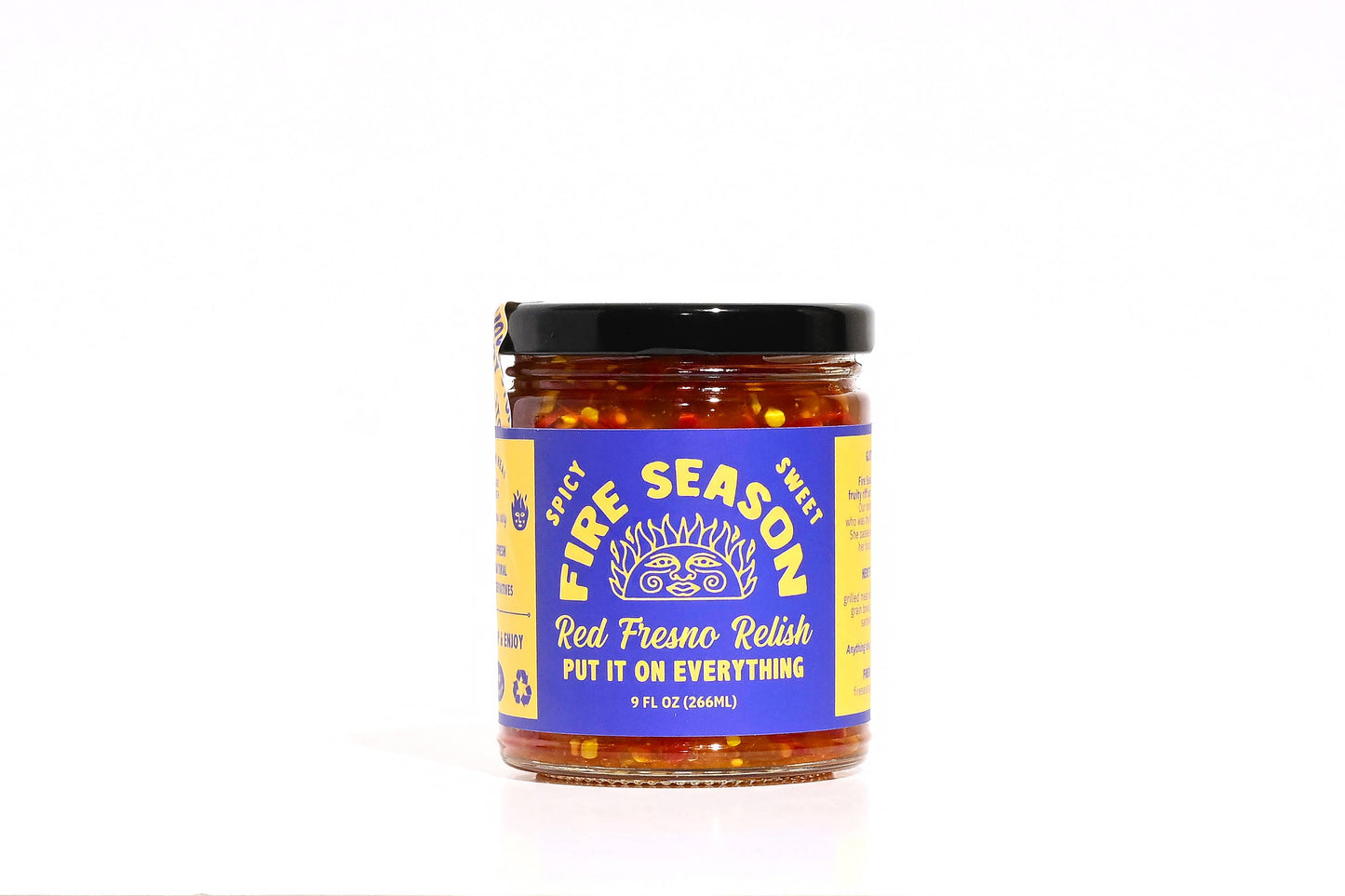 Jar of Fire Season red frame relish on a white background