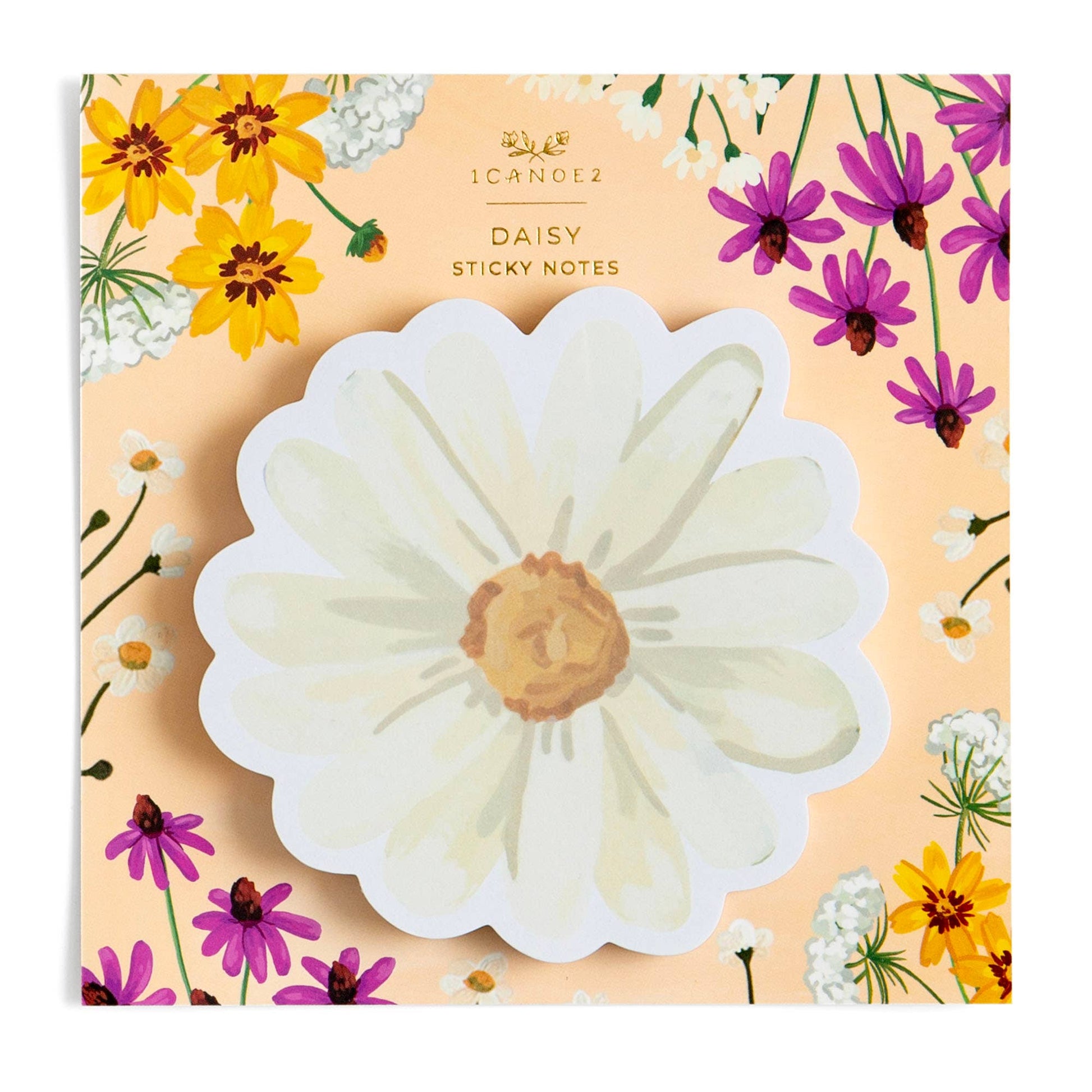 Floral-themed sticky notes with a large daisy sticker on a decorative background.