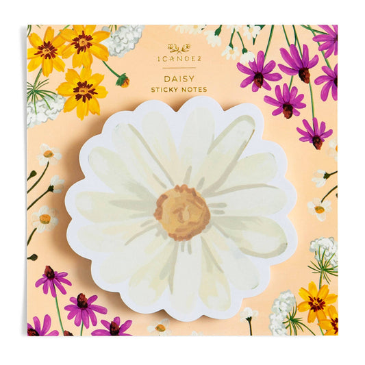 Floral-themed sticky notes with a large daisy sticker on a decorative background.