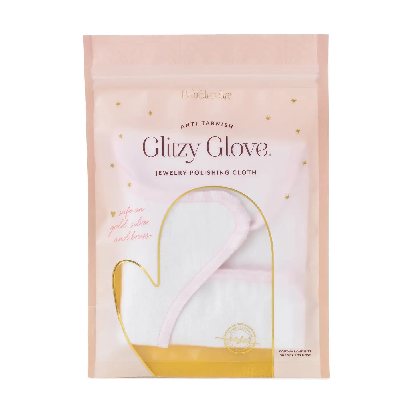 Glitzy Glove jewelry polishing cloth packaging on a white background
