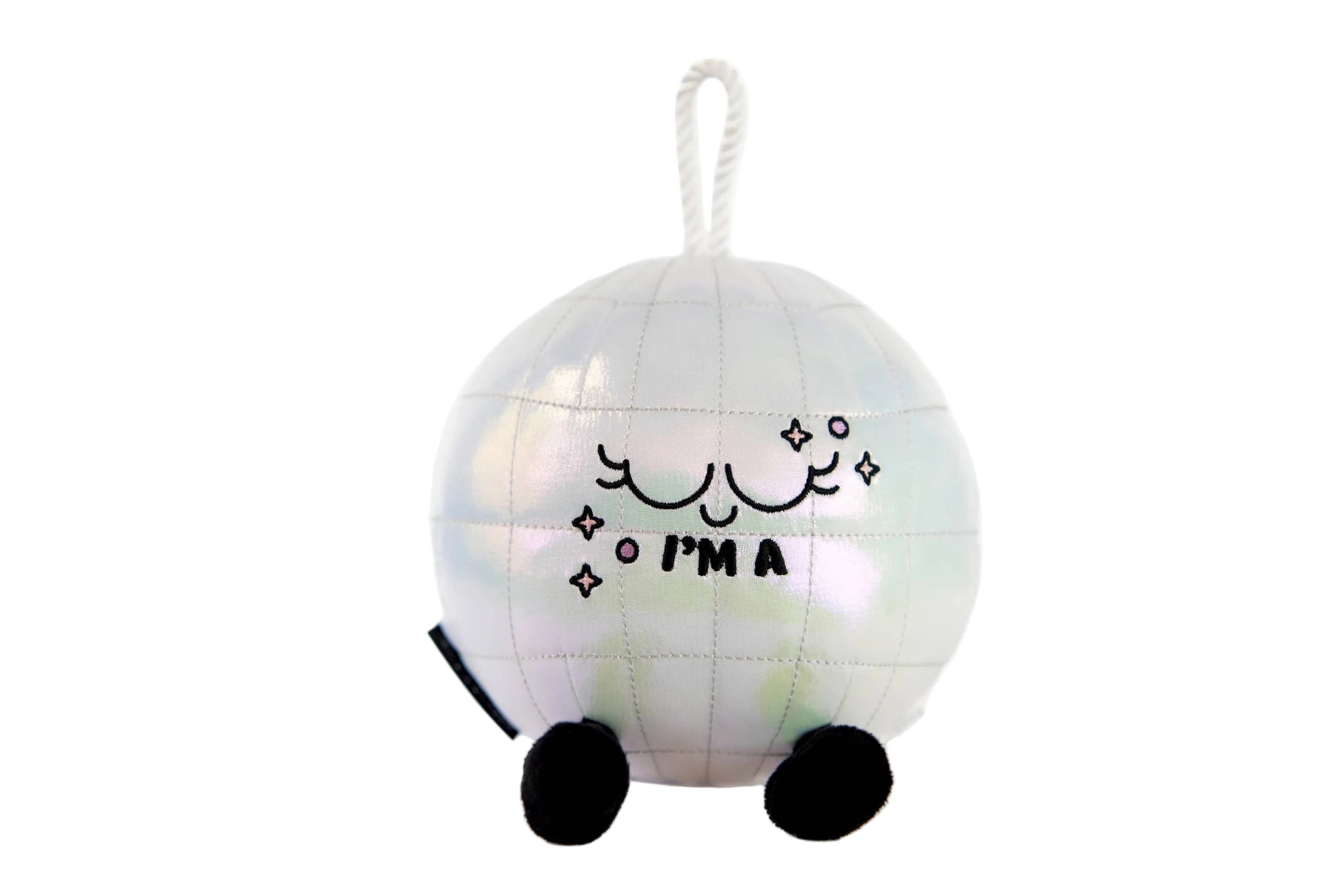 Round plush toy with text on a white background