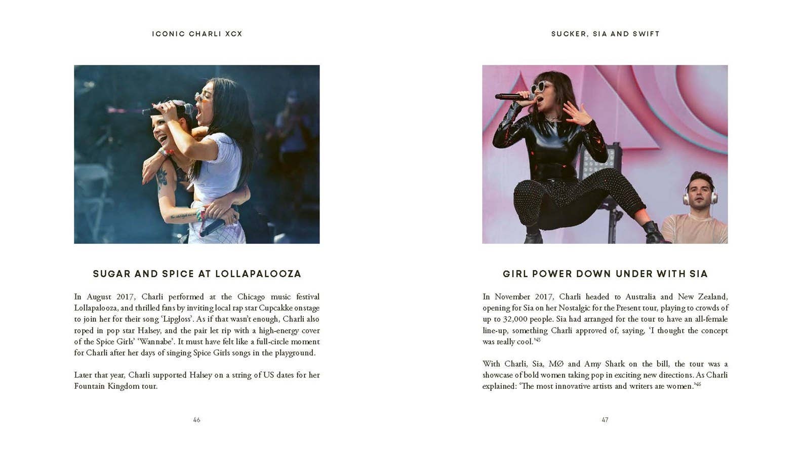 Two pages from a magazine or book featuring images of a woman on stage with text about her performance at Lollapalooza.
