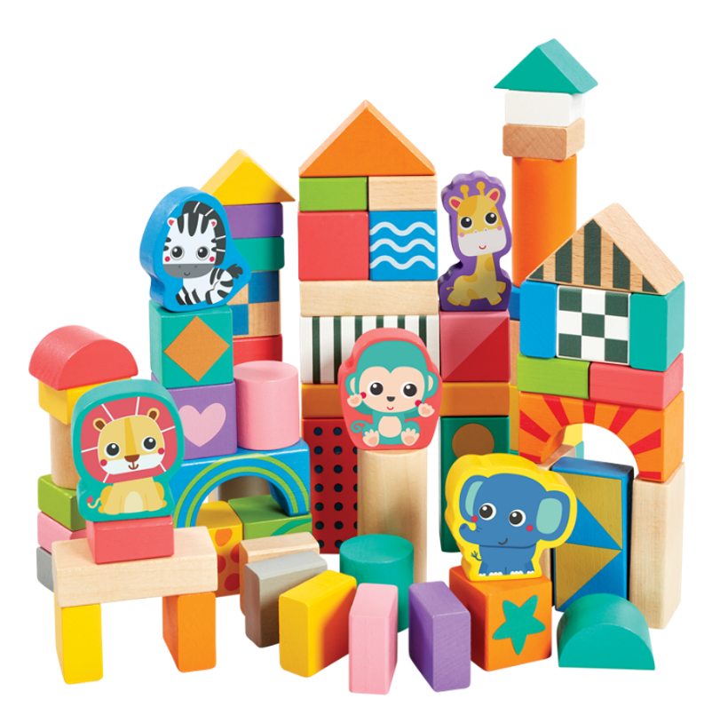 Colorful wooden blocks with animal faces and shapes on a white background