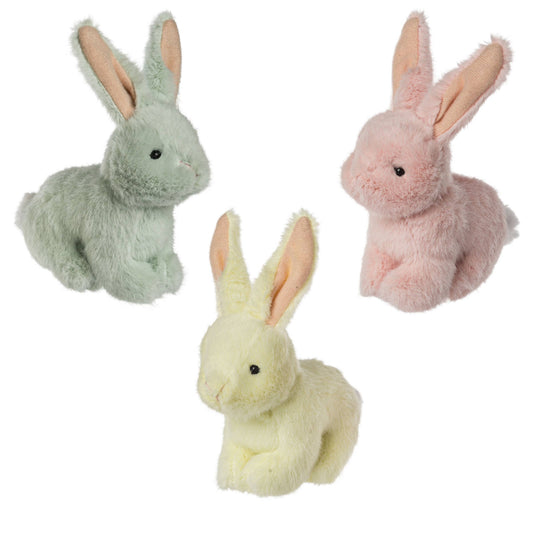Three plush rabbit toys in gray, pink, and cream on a white background
