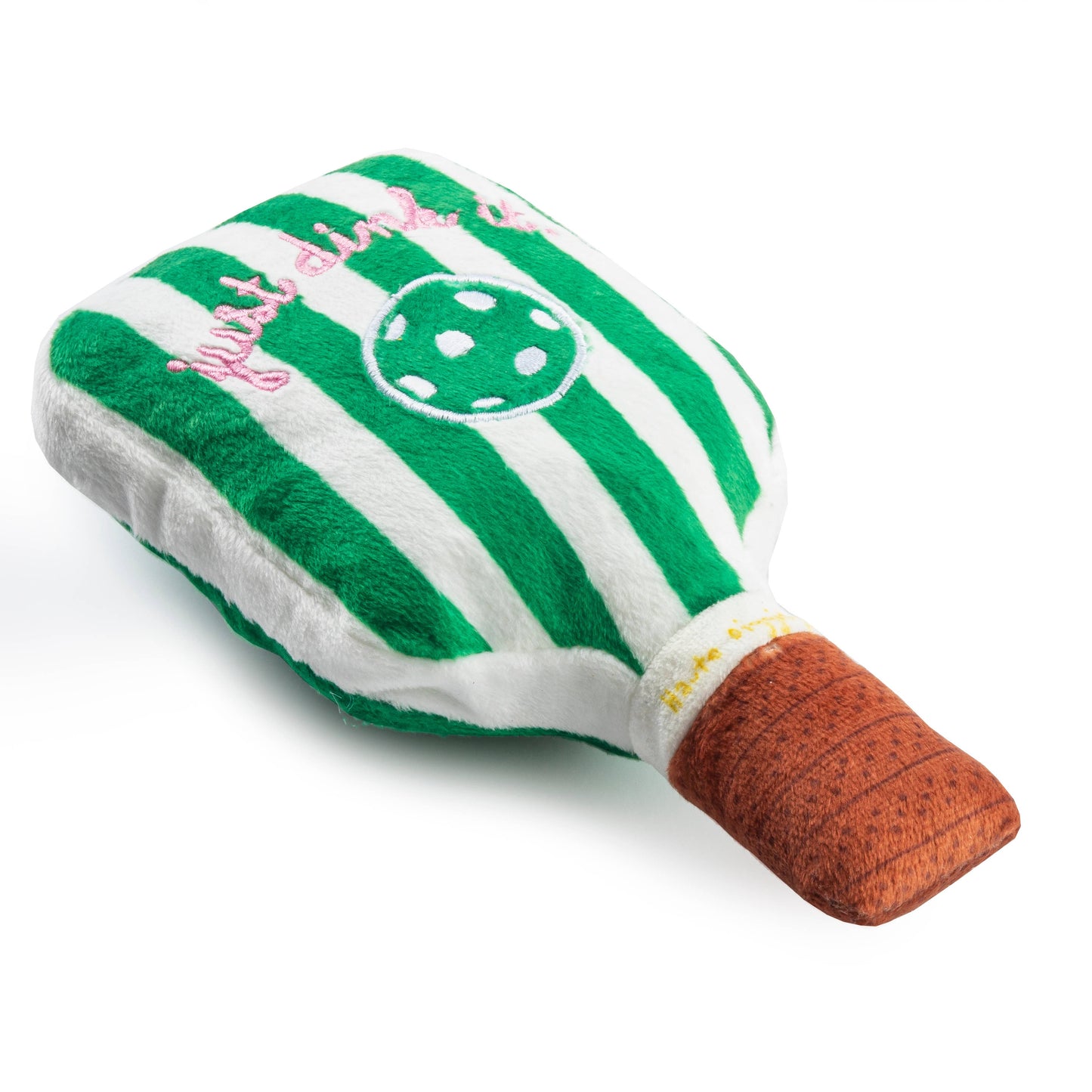 Green and white striped pickleball paddle toy with a brown handle on a white background