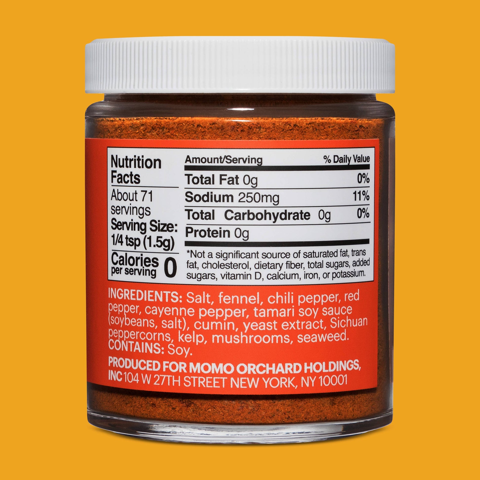 Spice jar with nutrition label on a yellow background