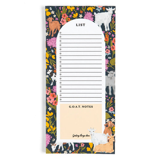 Note pad with goat design and floral border on a white background