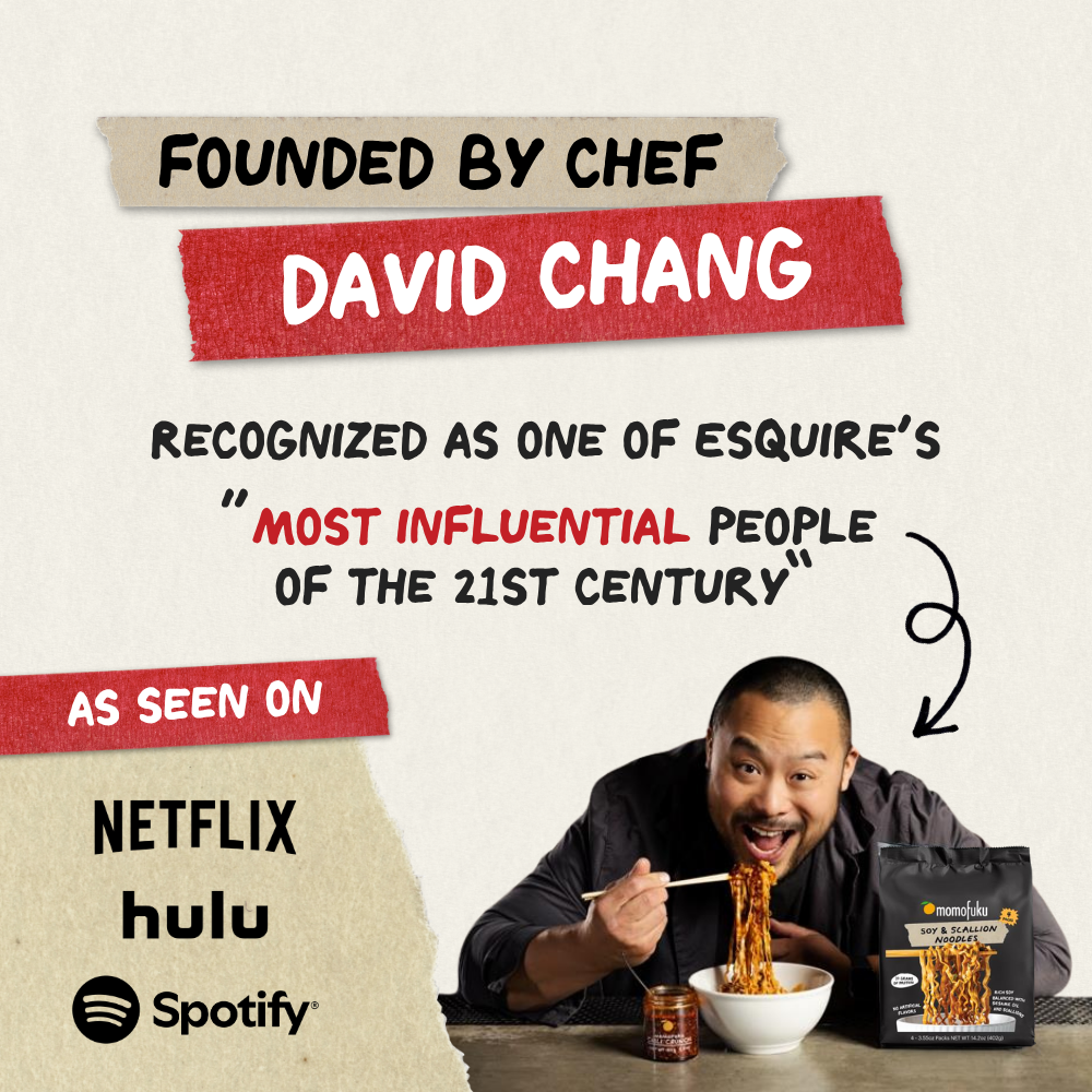 Promotional image of a chef eating noodles with text about his influence and media appearances.