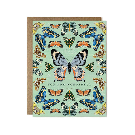 Greeting card with colorful butterfly illustrations and 'You are wonderful' text on a light green background.